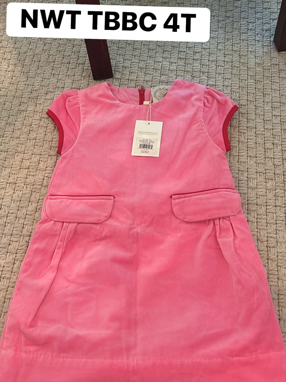 NWT TBBC BETTS BOW DRESS- HAMPTONS HOT PINK VELVETEEN WITH RICHMOND RED